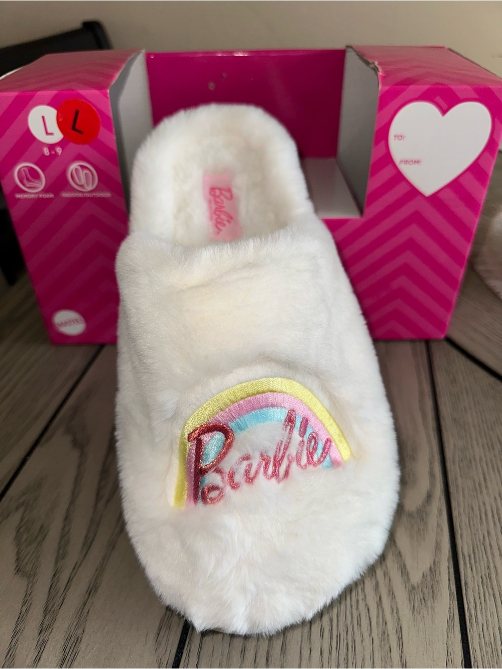Barbie White Plush Slippers with Pastel Rainbow Embroidery